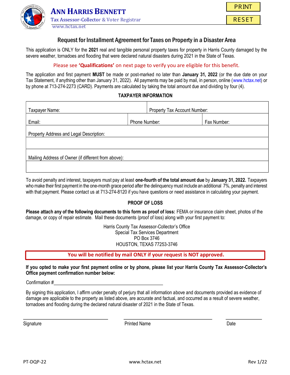 Form PT-DQP-22 -request for Installment Agreement for Taxes on Property in a Disaster Area - Harris County, Texas, Page 1