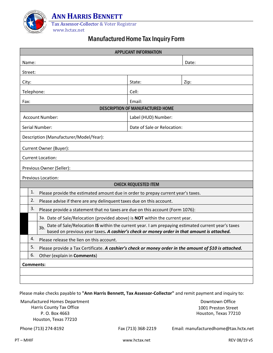 Form PT-MHIF Manufactured Home Tax Inquiry Form - Harris County, Texas, Page 1