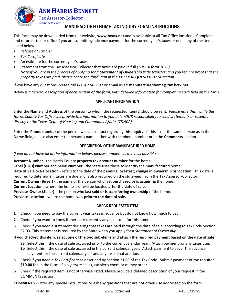 Form PT-MHIF Manufactured Home Tax Inquiry Form - Harris County, Texas, Page 2