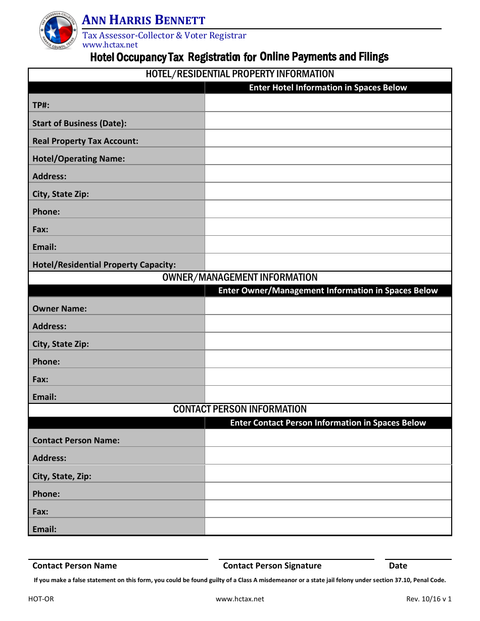 Form HOT-OR Hotel Occupancy Tax Registration for Online Payments and Filings - Harris County, Texas, Page 1