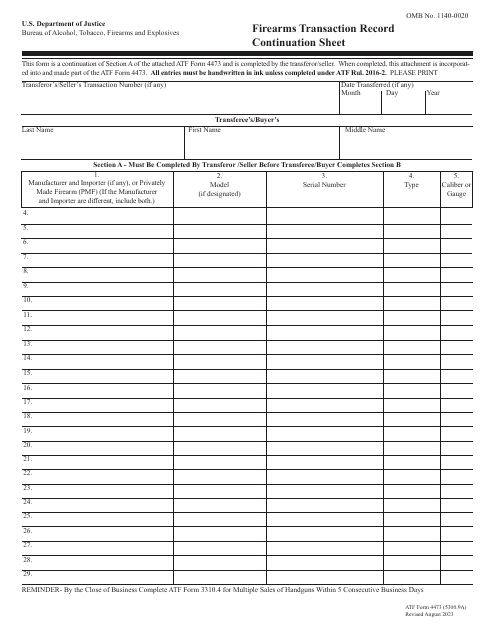 ATF Form 4473 (5300.9A) Firearms Transaction Record Continuation Sheet