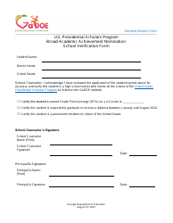 Document preview: Broad Academic Achievement Nomination School Verification Form - U.S. Presidential Scholars Program - Georgia (United States)