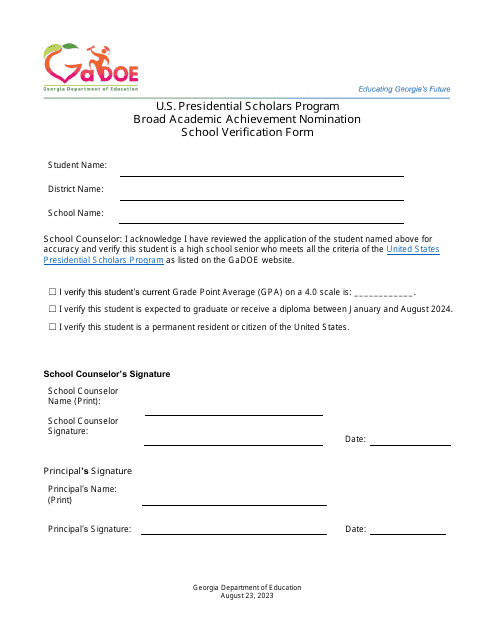 Broad Academic Achievement Nomination School Verification Form - U.S. Presidential Scholars Program - Georgia (United States), 2024