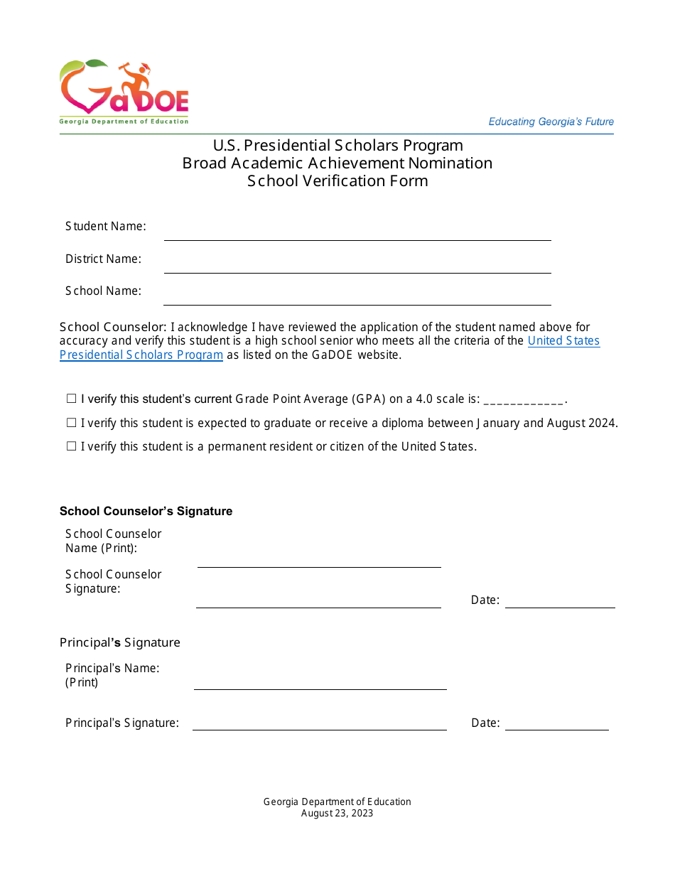 Broad Academic Achievement Nomination School Verification Form - U.S. Presidential Scholars Program - Georgia (United States), Page 1