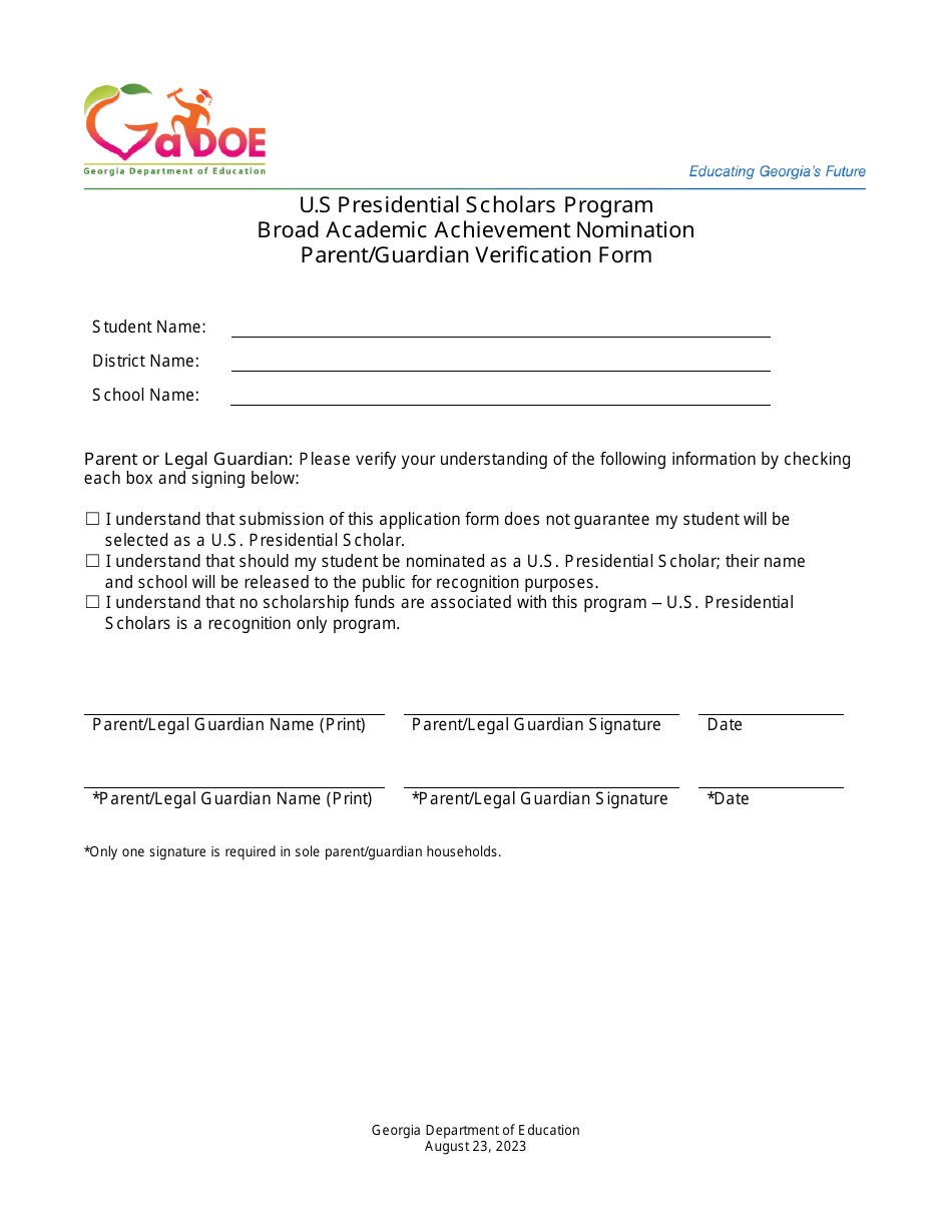 Broad Academic Achievement Nomination School Verification Form - U.S. Presidential Scholars Program - Georgia (United States), Page 2