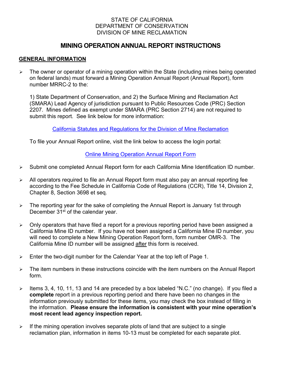 Instructions for Form MRRC-2 Mining Operation Annual Report - California, Page 1