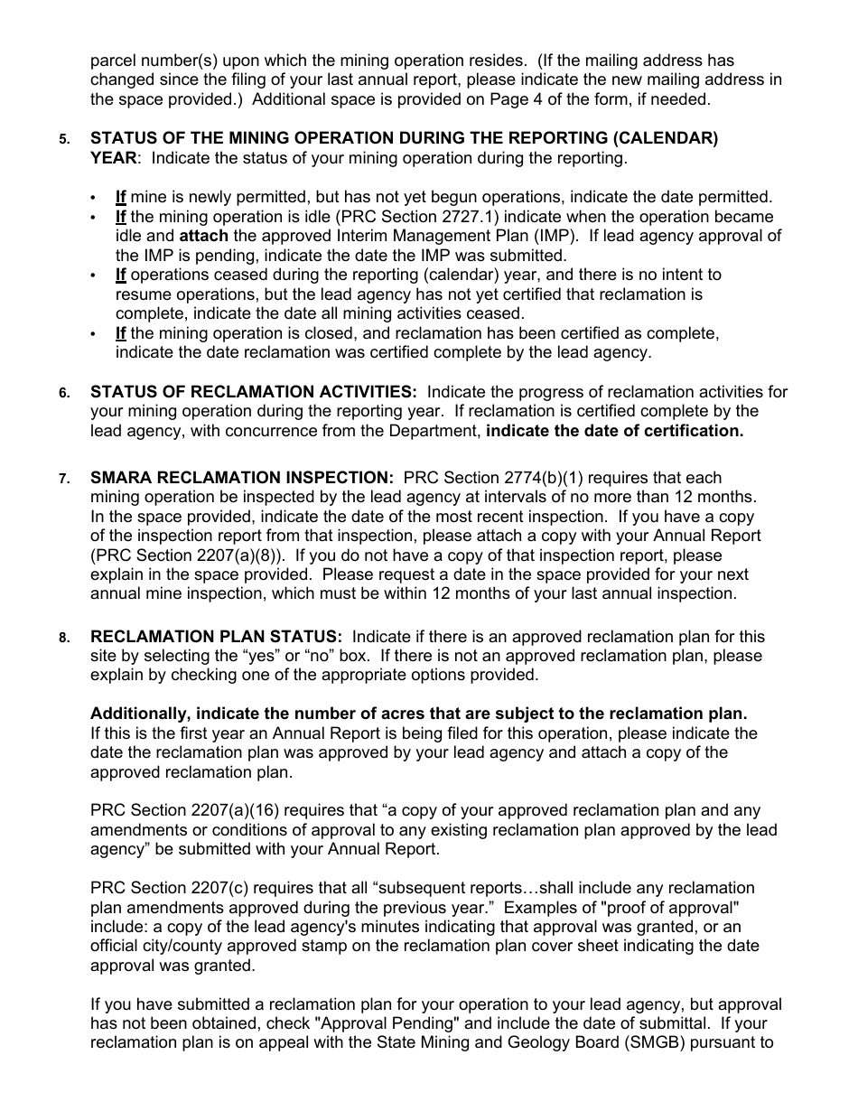 Instructions for Form MRRC-2 Mining Operation Annual Report - California, Page 3