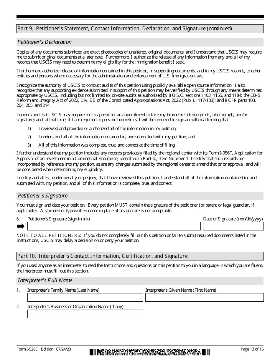 USCIS Form I-526E Immigrant Petition by Regional Center Investor, Page 13