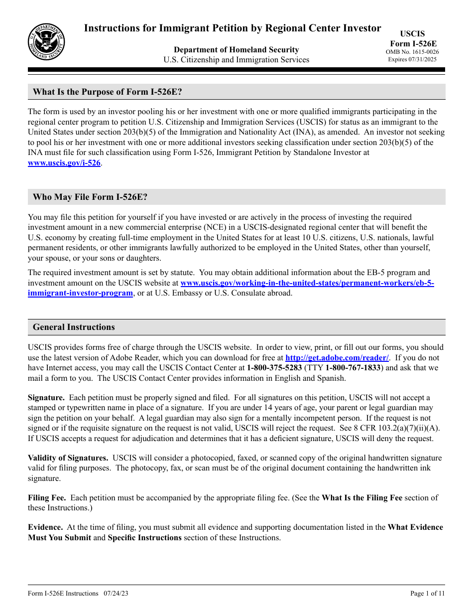 Instructions for USCIS Form I-526E Immigrant Petition by Regional Center Investor, Page 1