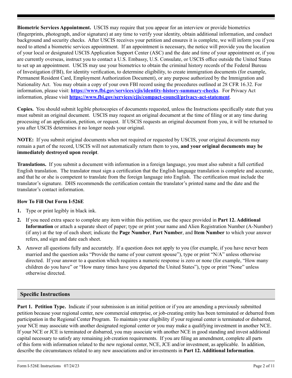 Instructions for USCIS Form I-526E Immigrant Petition by Regional Center Investor, Page 2