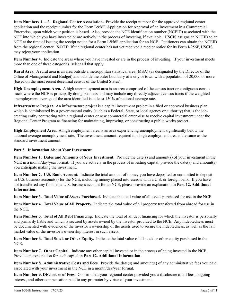 Instructions for USCIS Form I-526E Immigrant Petition by Regional Center Investor, Page 5