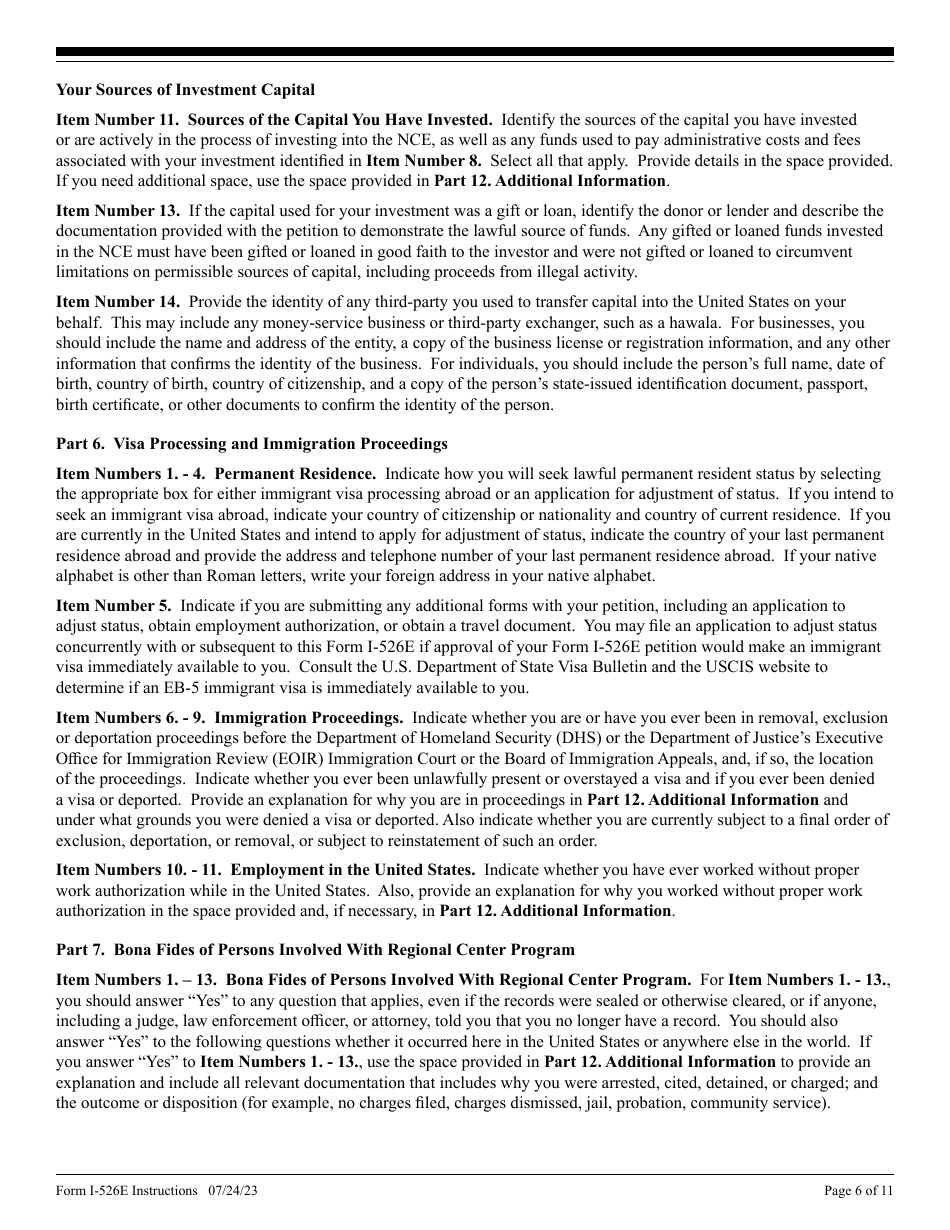 Instructions for USCIS Form I-526E Immigrant Petition by Regional Center Investor, Page 6