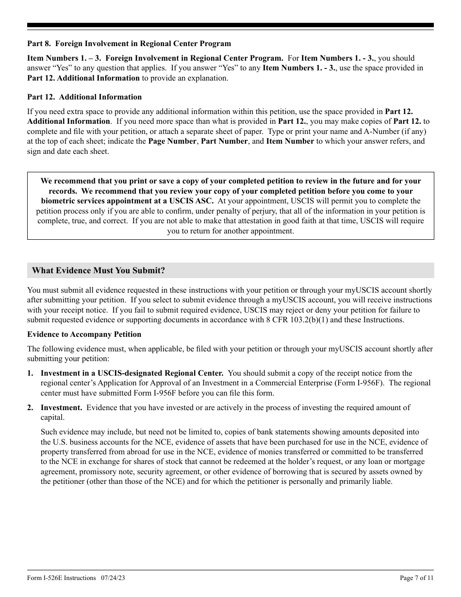Instructions for USCIS Form I-526E Immigrant Petition by Regional Center Investor, Page 7