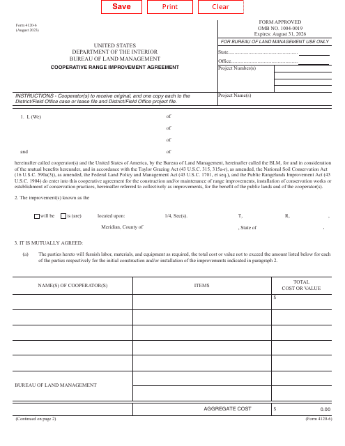BLM Form 4120-6 Cooperative Range Improvement Agreement