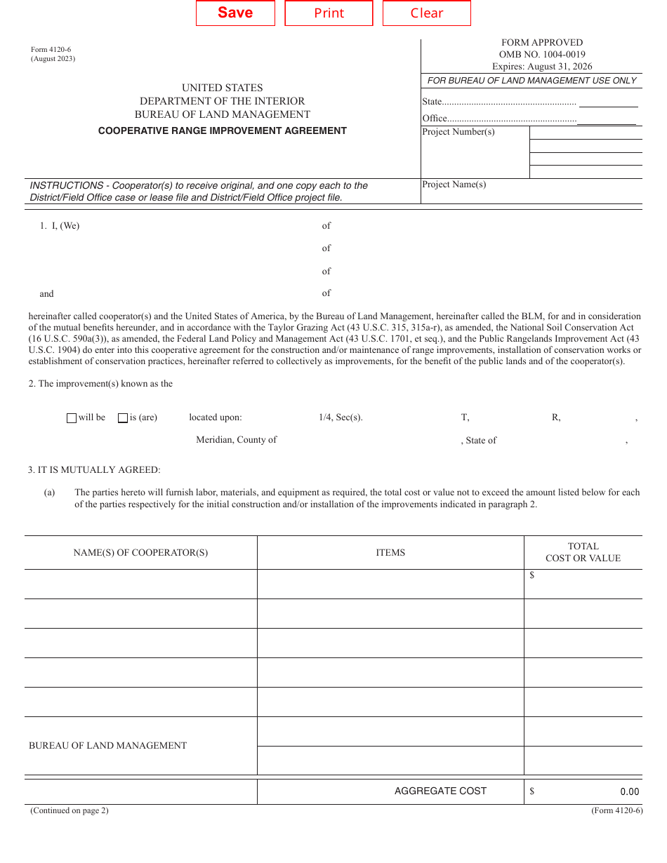 BLM Form 4120-6 Cooperative Range Improvement Agreement, Page 1