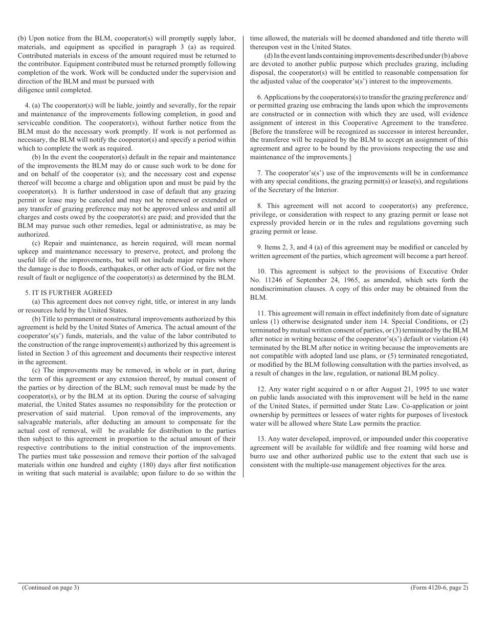 BLM Form 4120-6 Cooperative Range Improvement Agreement, Page 2