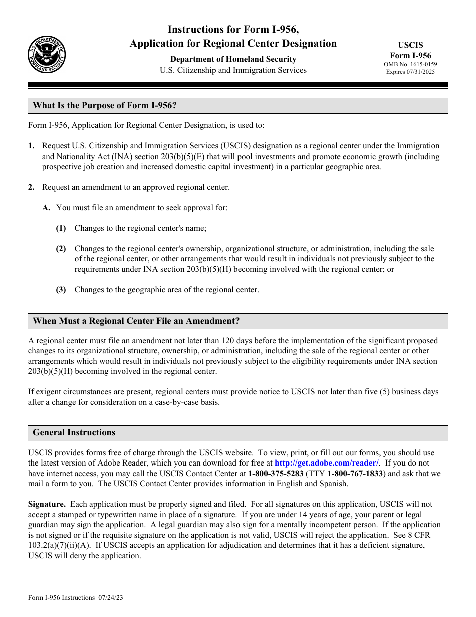 Download Instructions for USCIS Form I-956 Application for Regional ...