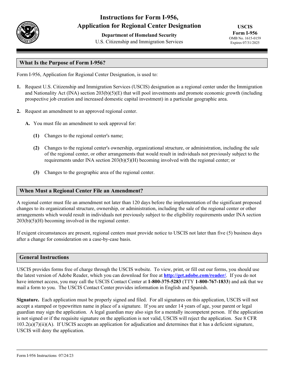 Instructions for USCIS Form I-956 Application for Regional Center Designation, Page 1
