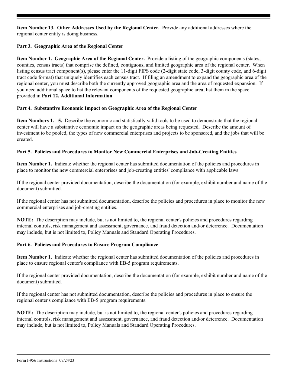 Instructions for USCIS Form I-956 Application for Regional Center Designation, Page 4