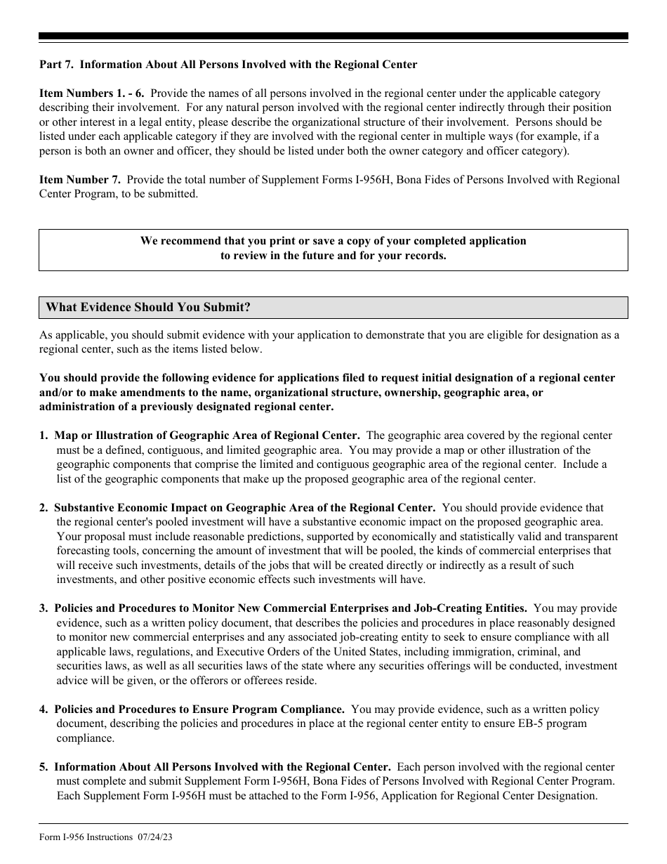 Instructions for USCIS Form I-956 Application for Regional Center Designation, Page 5