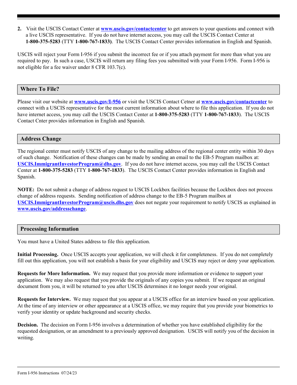 Instructions for USCIS Form I-956 Application for Regional Center Designation, Page 7