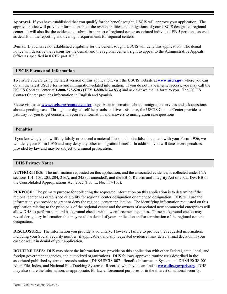 Instructions for USCIS Form I-956 Application for Regional Center Designation, Page 8