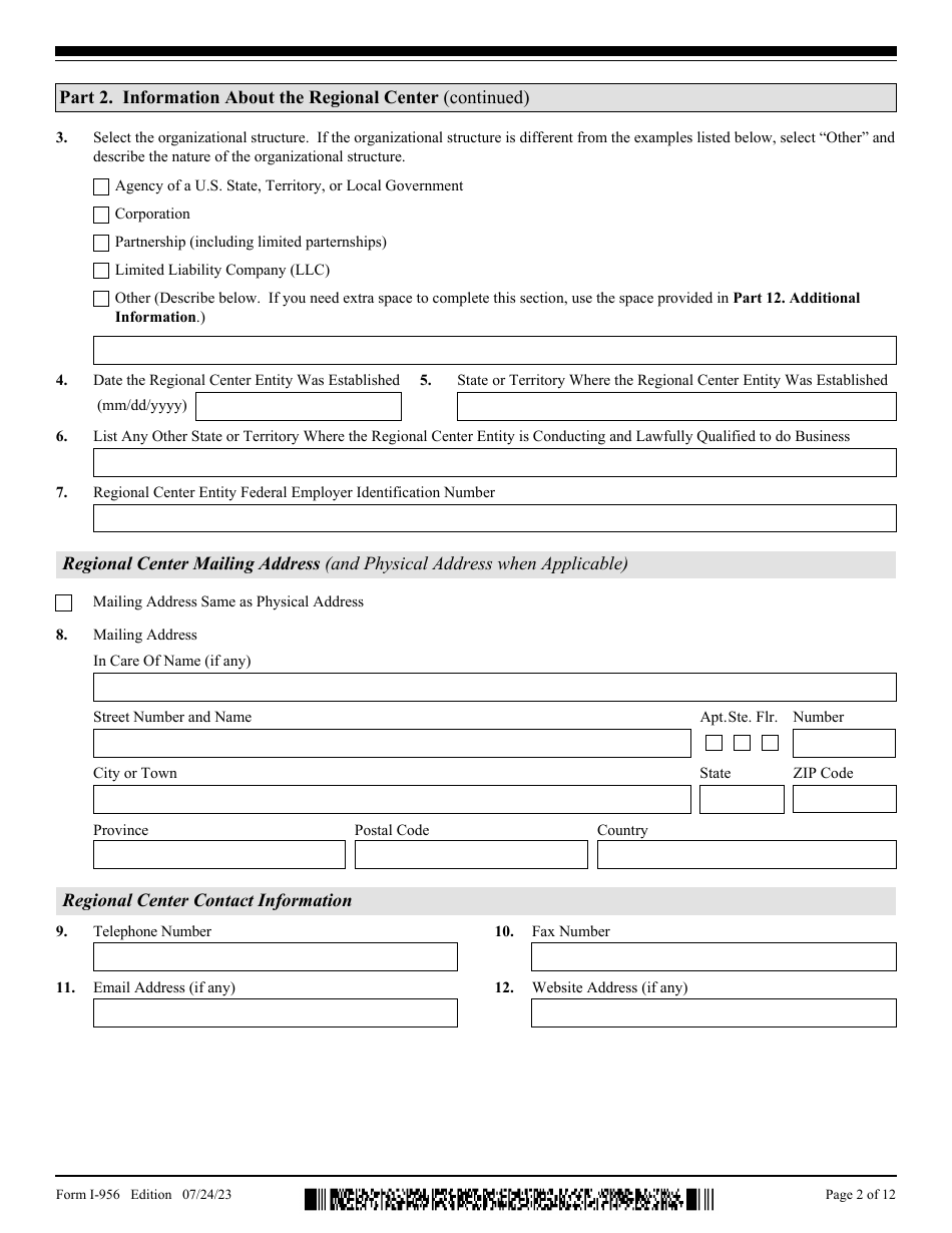 USCIS Form I-956 Application for Regional Center Designation, Page 2