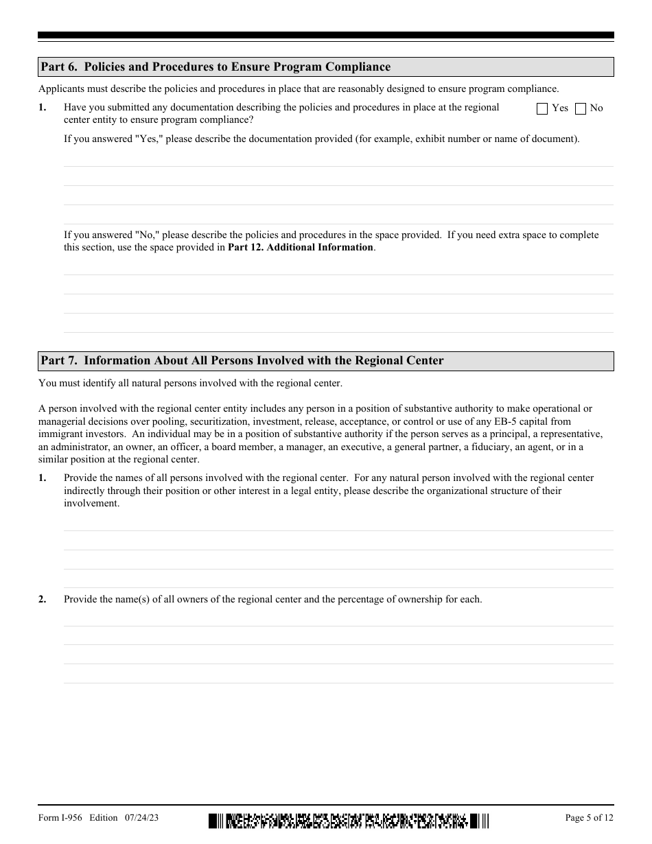 USCIS Form I-956 Application for Regional Center Designation, Page 5