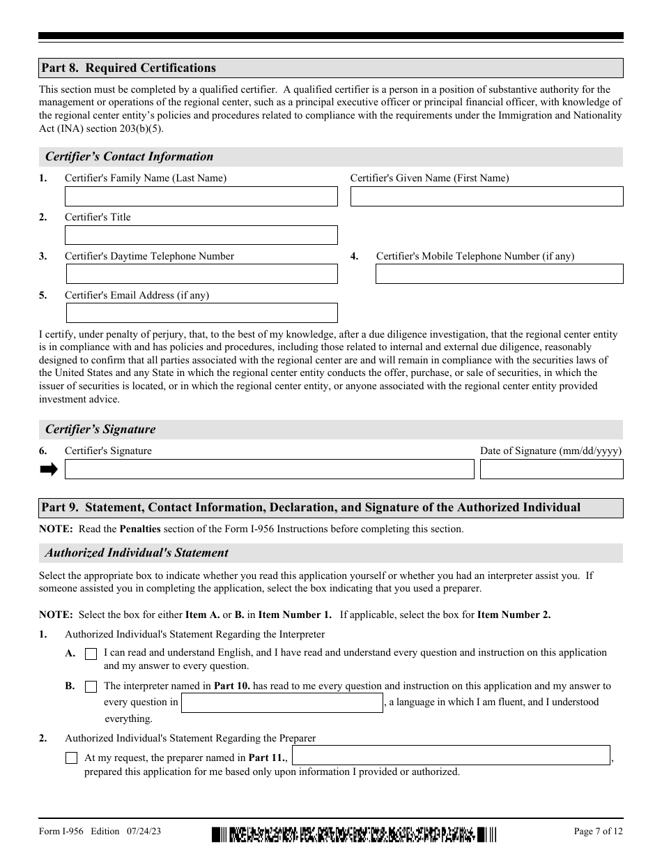 USCIS Form I-956 Application for Regional Center Designation, Page 7