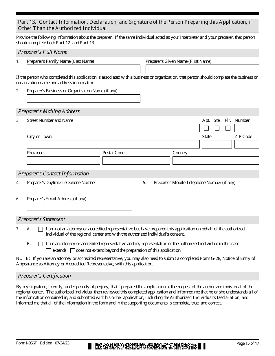 USCIS Form I-956F Application for Approval of an Investment in a Commercial Enterprise, Page 15