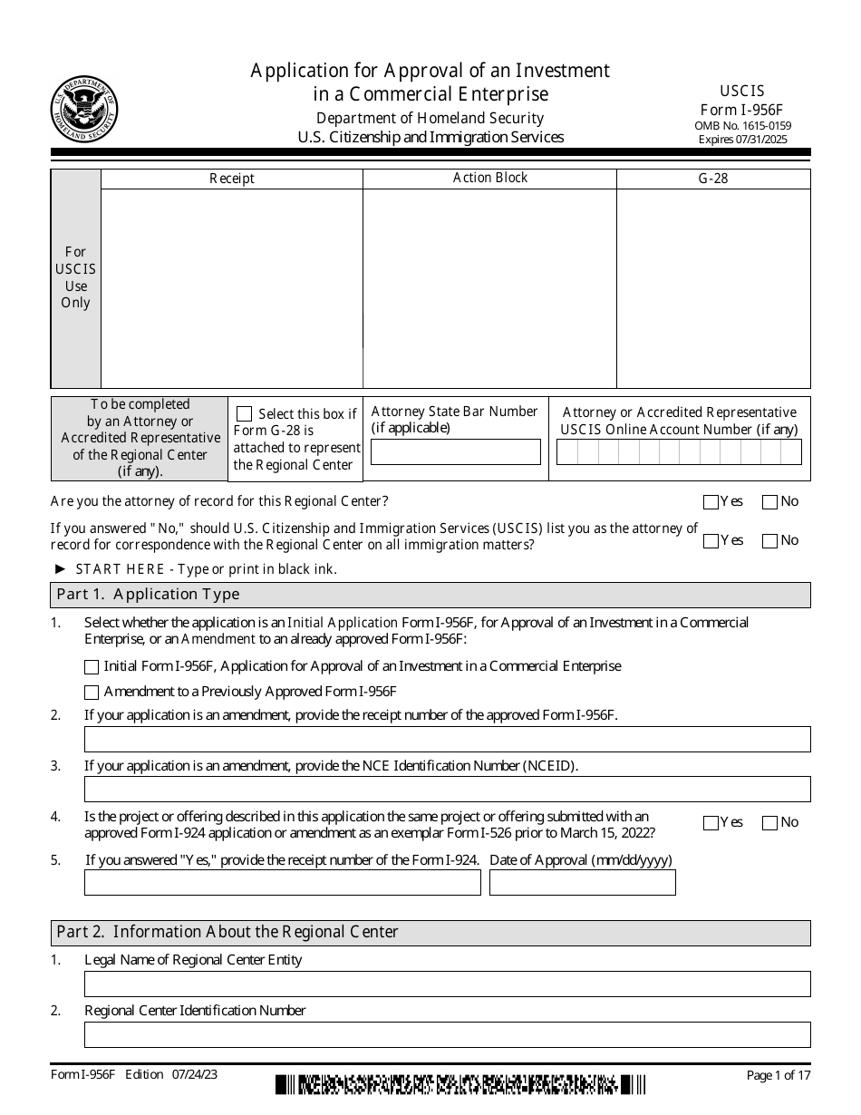 USCIS Form I-956F Application for Approval of an Investment in a Commercial Enterprise, Page 1
