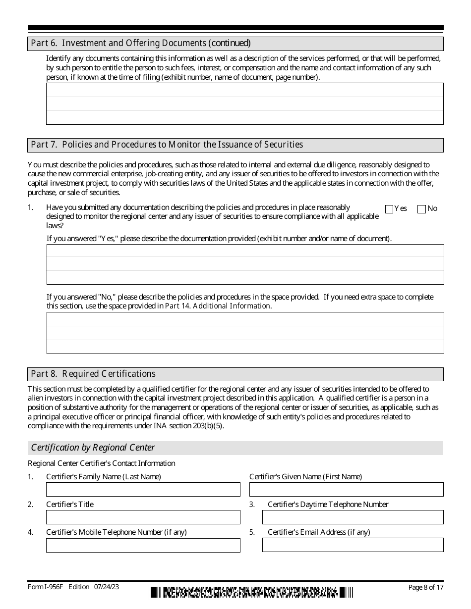 USCIS Form I-956F Application for Approval of an Investment in a Commercial Enterprise, Page 8