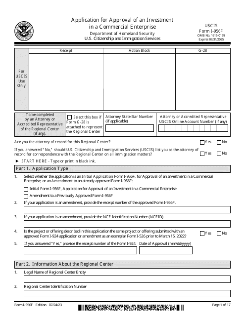 USCIS Form I-956F  Printable Pdf