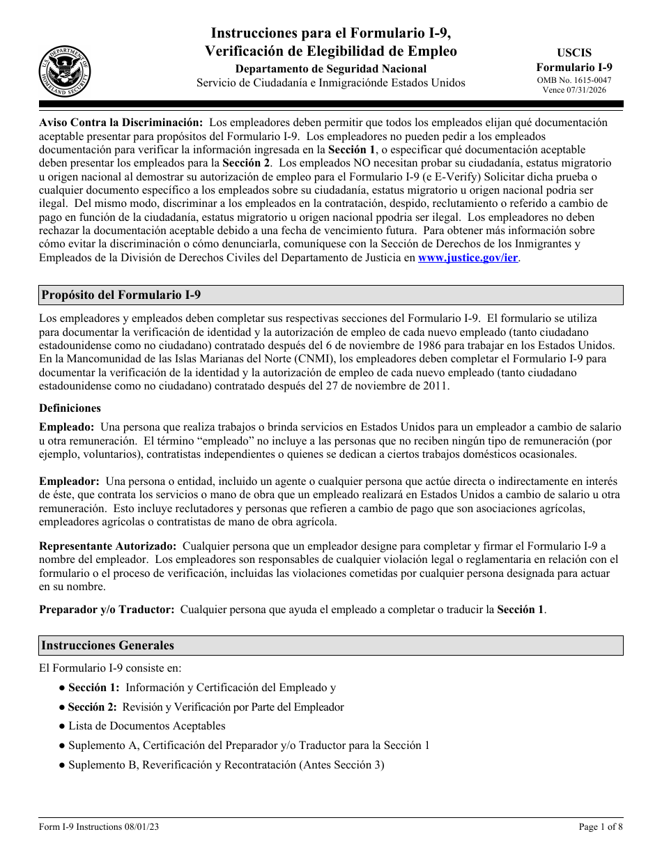 Instrucciones para USCIS Formulario I-9 Verificacion De Elegibilidad De Empleo (Spanish), Page 1