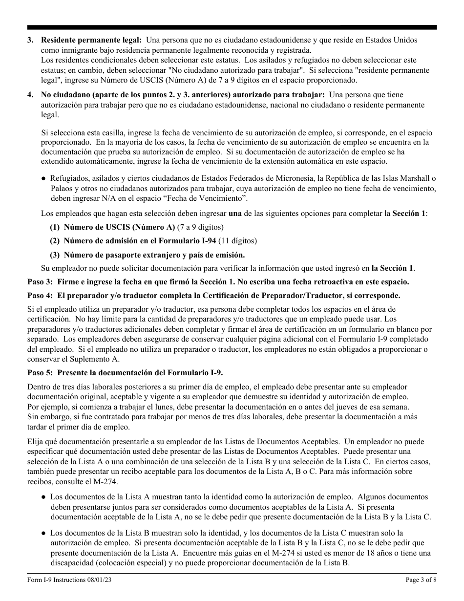 Instrucciones para USCIS Formulario I-9 Verificacion De Elegibilidad De Empleo (Spanish), Page 3