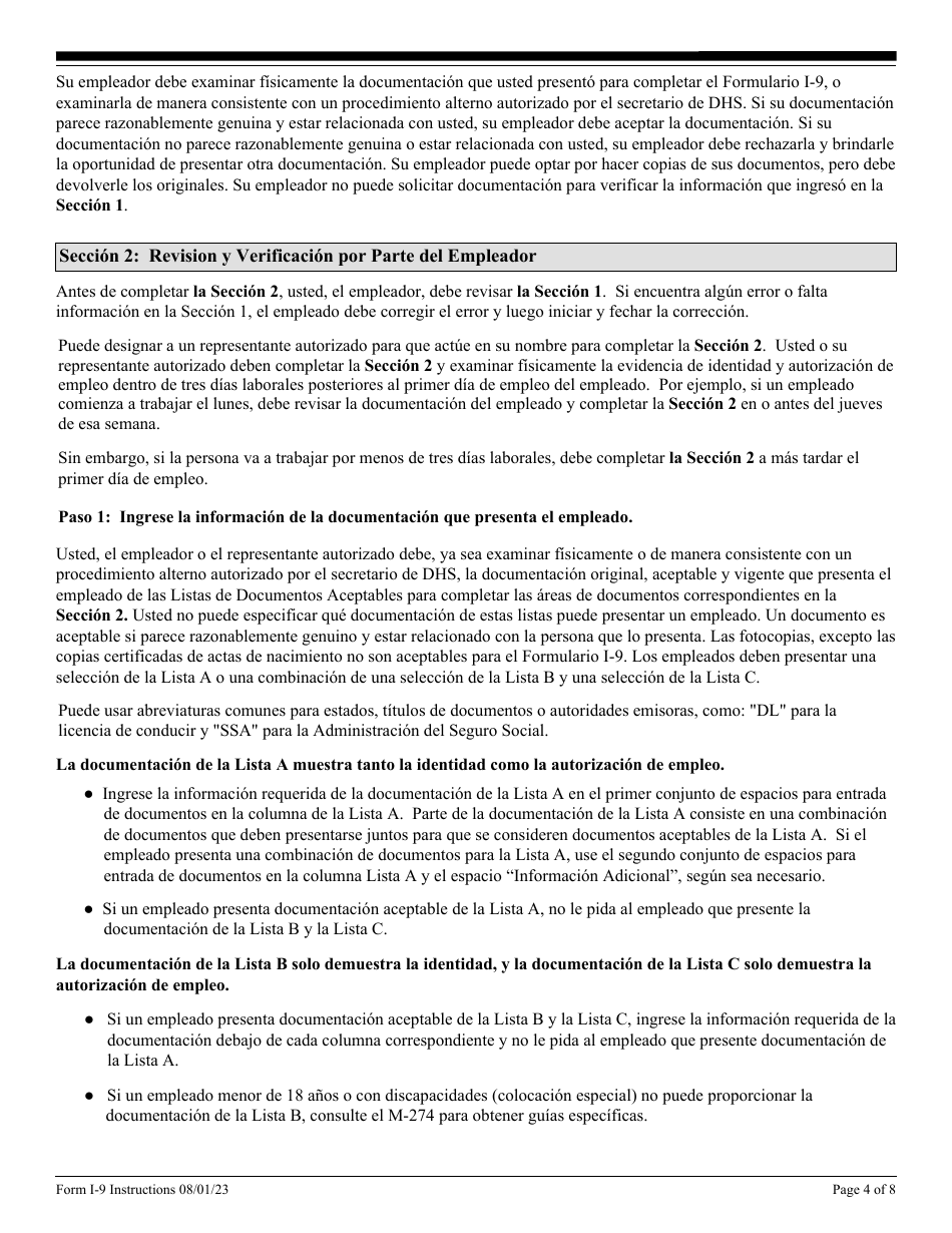 Instrucciones para USCIS Formulario I-9 Verificacion De Elegibilidad De Empleo (Spanish), Page 4