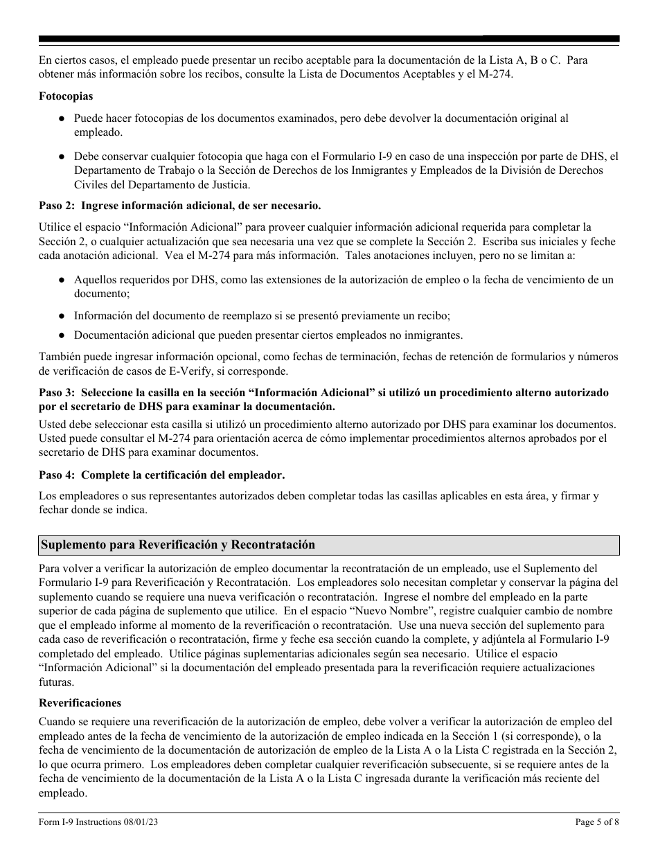 Instrucciones para USCIS Formulario I-9 Verificacion De Elegibilidad De Empleo (Spanish), Page 5