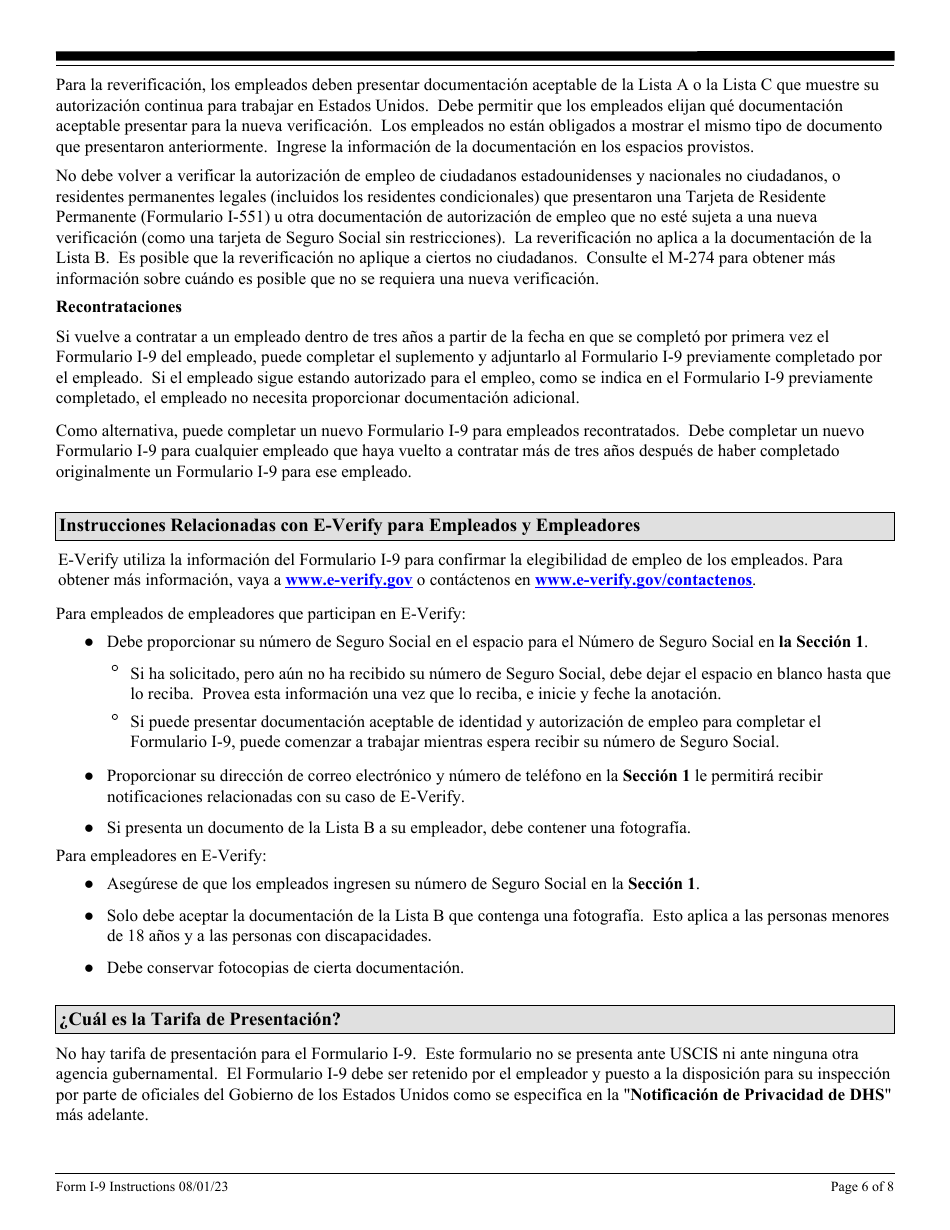 Instrucciones para USCIS Formulario I-9 Verificacion De Elegibilidad De Empleo (Spanish), Page 6