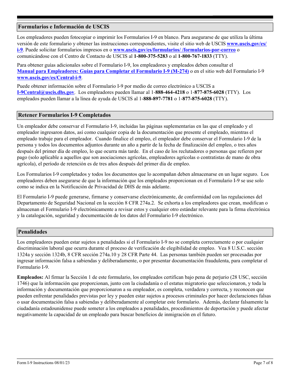 Instrucciones para USCIS Formulario I-9 Verificacion De Elegibilidad De Empleo (Spanish), Page 7