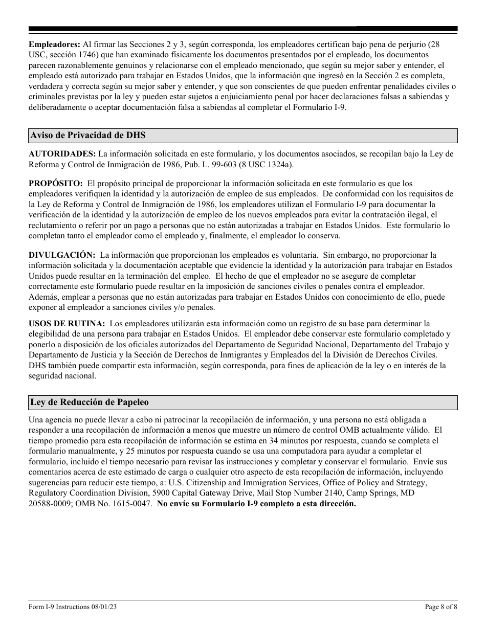 Instrucciones para USCIS Formulario I-9 Verificacion De Elegibilidad De Empleo (Spanish), Page 8