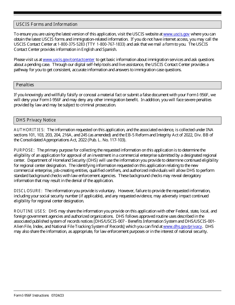 Instructions for USCIS Form I-956F Application for Approval of an Investment in a Commercial Enterprise, Page 10