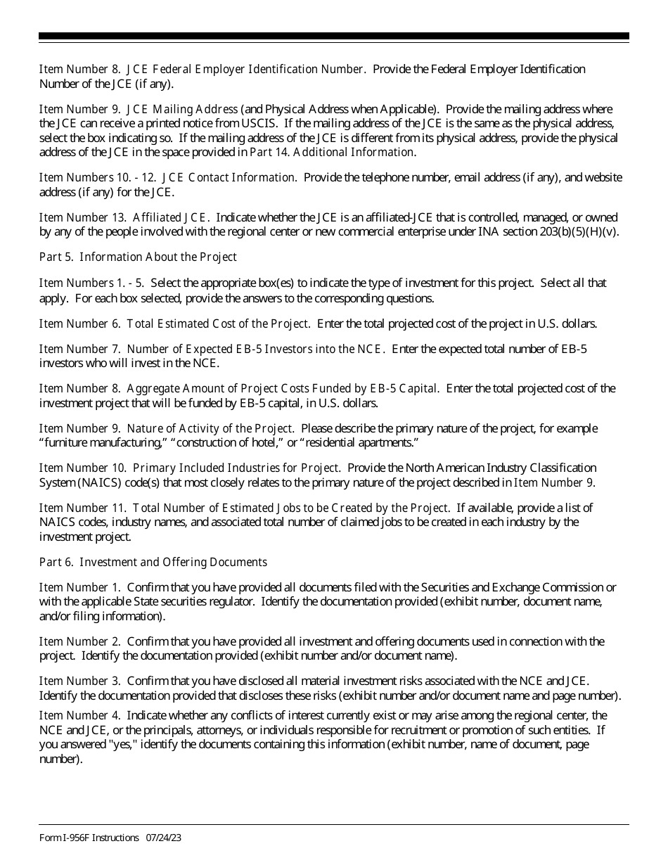 Instructions for USCIS Form I-956F Application for Approval of an Investment in a Commercial Enterprise, Page 5