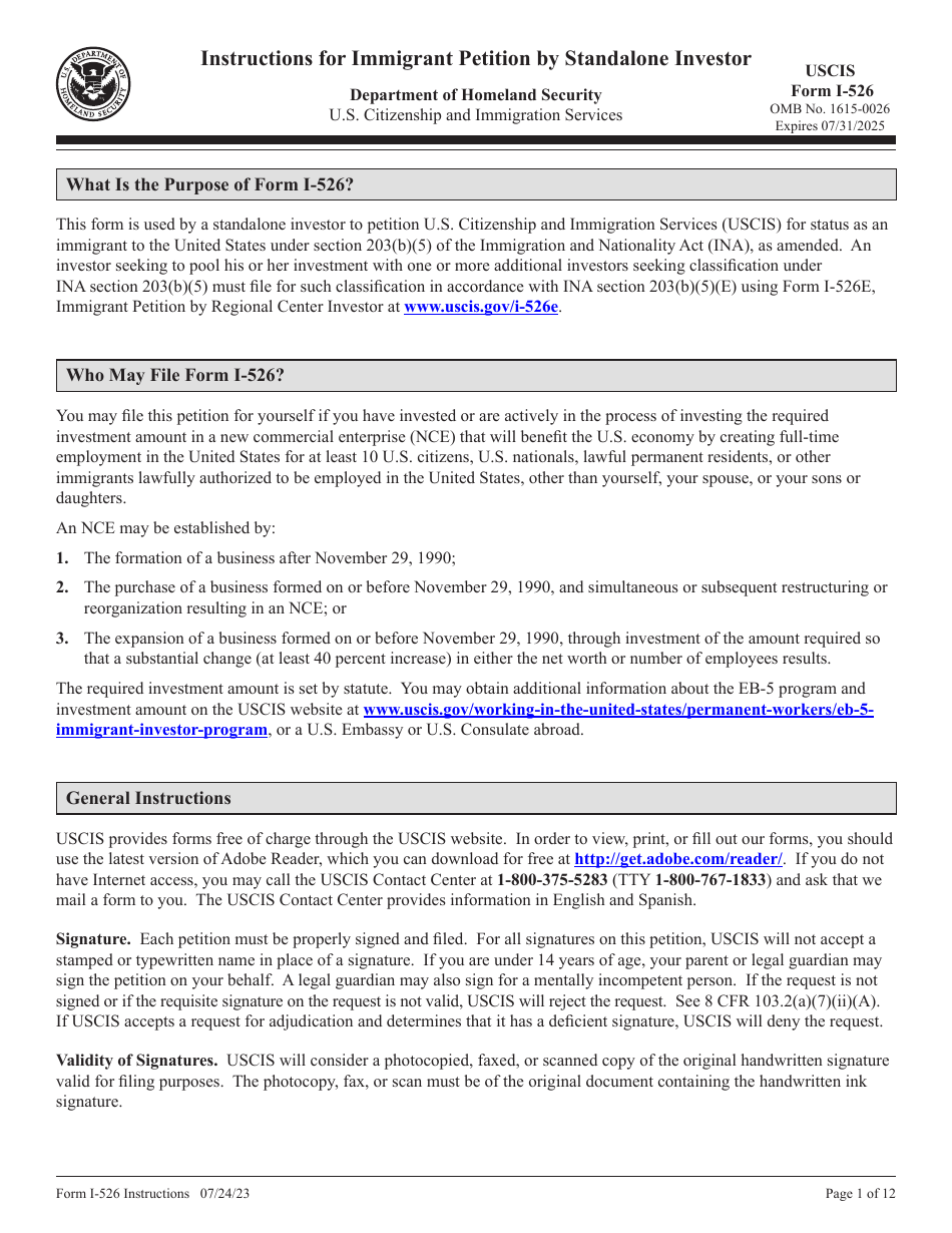 Printable Ir526 Form.pdf Download Instructions for USCIS Form I-526 Immigrant Petition by ...