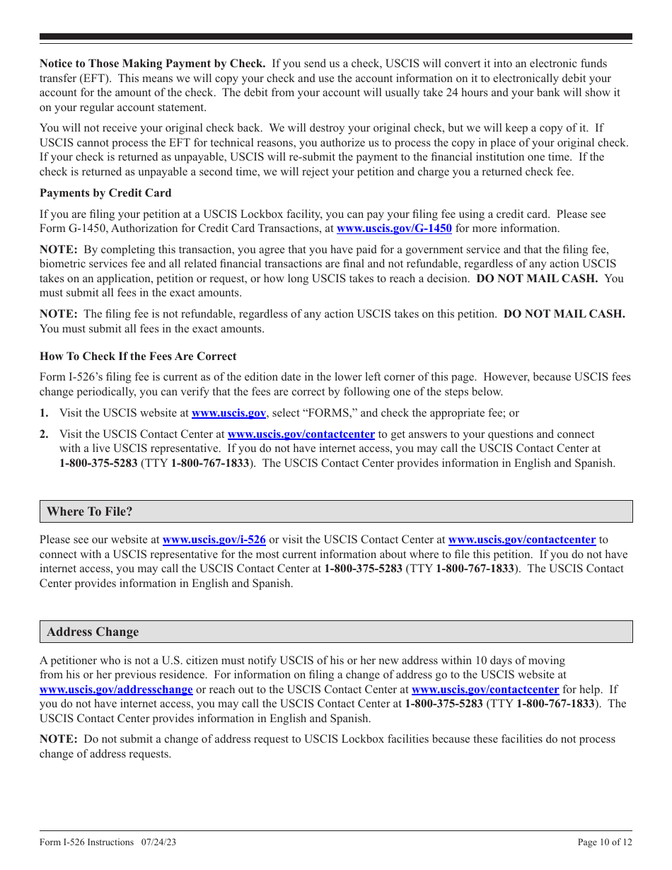 Instructions for USCIS Form I-526 Immigrant Petition by Standalone Investor, Page 10
