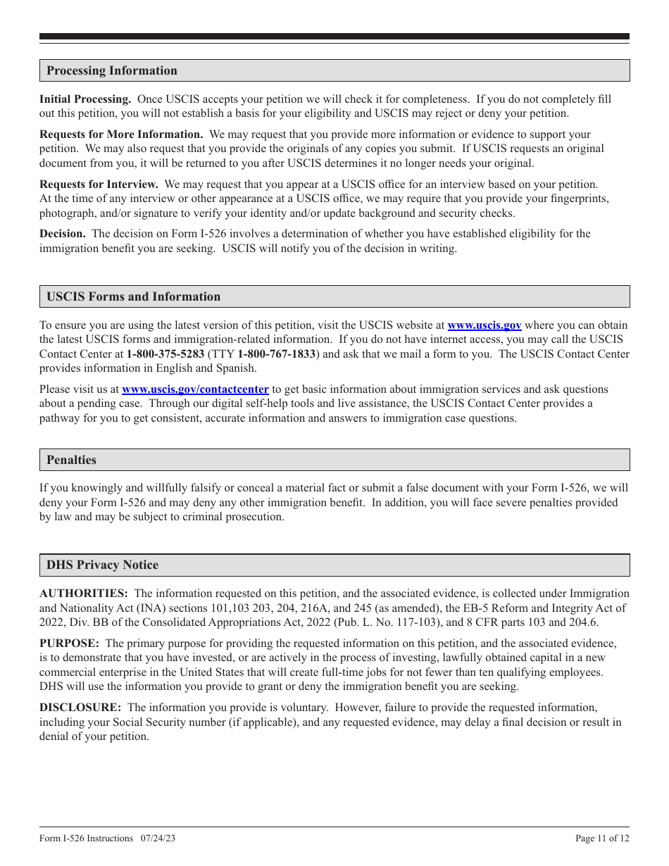 Instructions for USCIS Form I-526 Immigrant Petition by Standalone Investor, Page 11