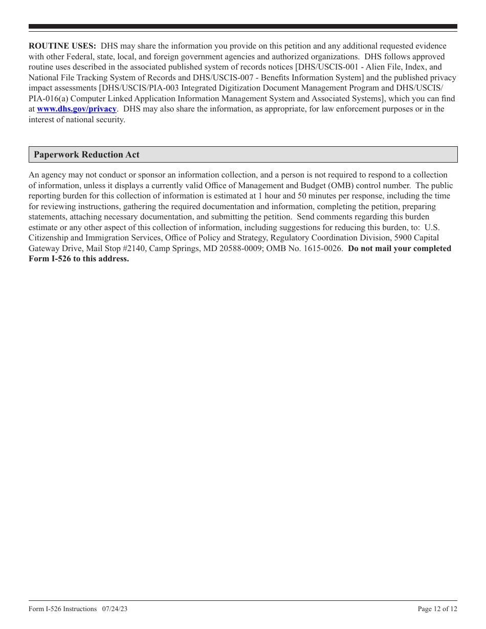 Instructions for USCIS Form I-526 Immigrant Petition by Standalone Investor, Page 12