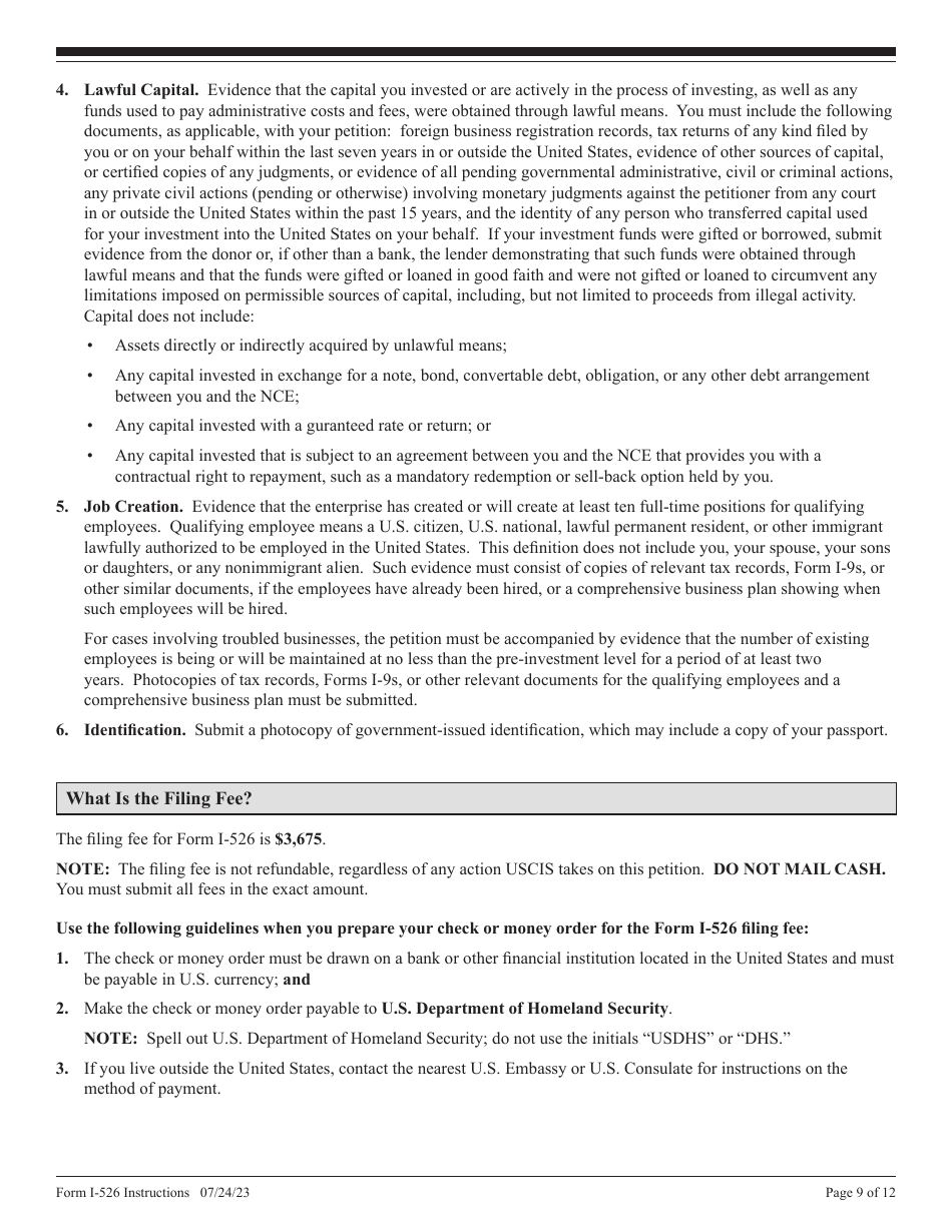 Instructions for USCIS Form I-526 Immigrant Petition by Standalone Investor, Page 9
