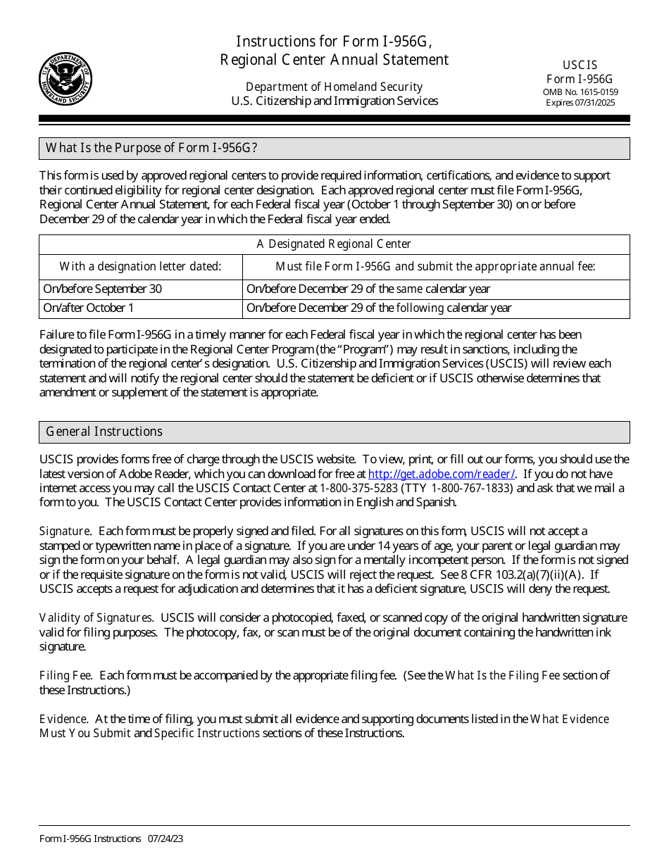 Instructions for USCIS Form I-956G Regional Center Annual Statement, Page 1