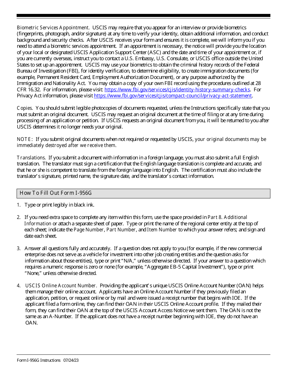Instructions for USCIS Form I-956G Regional Center Annual Statement, Page 2