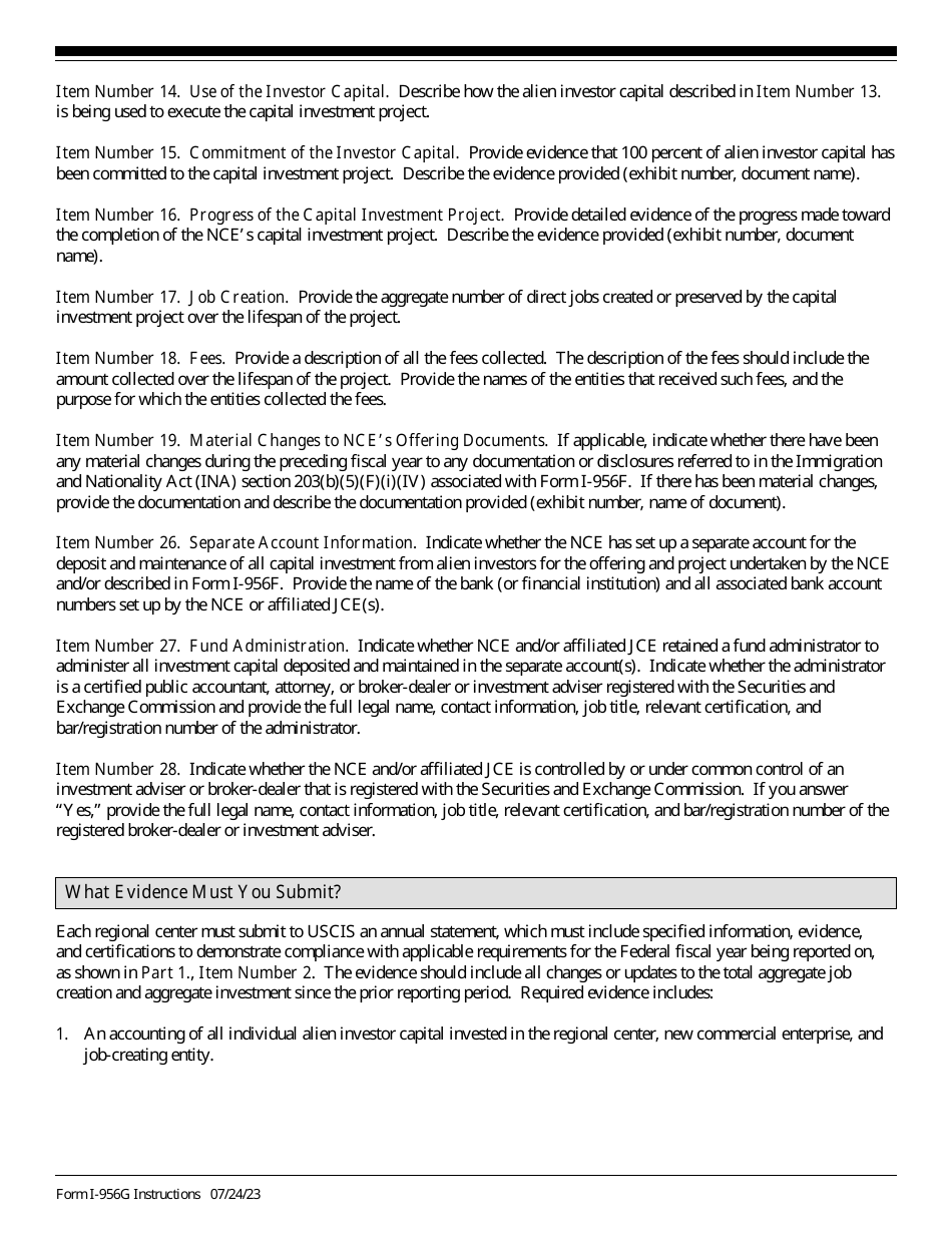 Instructions for USCIS Form I-956G Regional Center Annual Statement, Page 5